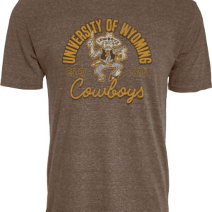 brown short sleeve t-shirt with design on front. design is retro pistol pete- guns up, with university of wyoming above pete in gold text with gold cowboys scipt below