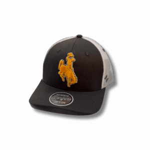 charcoal adjustable hat, white mesh back, design is gold embroidered bucking horse outlined in white centered on front, brown eyelets at top of hat