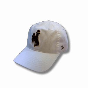 white adjustable hat, design is brown bucking horse, zephyr logo of left of hat