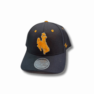 front of black adjustable hat with gold eyelets and gold embroidered bucking horse outlined in white in front center of hat