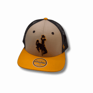flat bill hat with tan and brown body. gold bill and with tan front and brown mesh back. Large brown embroidered bucking horse with gold outline on front center