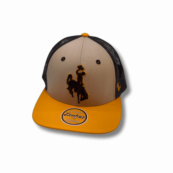 flat bill hat with tan and brown body. gold bill and with tan front and brown mesh back. Large brown embroidered bucking horse with gold outline on front center