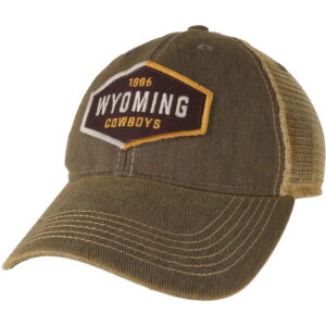 washed brown adjustable, unstructured hat with tan mesh back that has 1886 Wyoming Cowboys patch on the front.