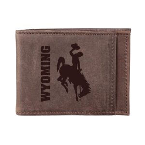 brown leather slim card holder with RFID blocking, embossed design with sideways wyoming left-centered and bucking horse right-centered, below one card slot
