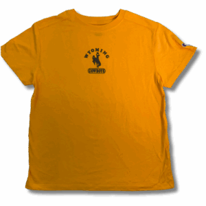gold women's short sleeve tee with design center chest. design is arched wyoming bucking horse cowboys in brown