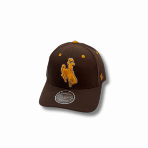 front of brown adjustable hat with gold eyelets and gold embroidered bucking horse outlined in white in front center of hat