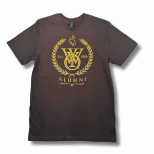 brown short sleeved tee shirt with gold design. design is University of Wyoming logo, laurel wreath, bucking horse, "Est. 1886," and "ALUMNI" text centered on the chest.