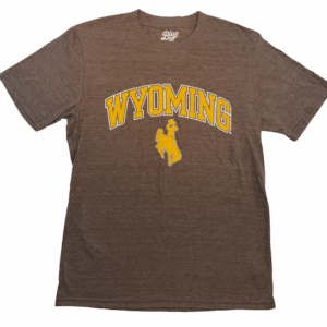 brown short sleeve t-shirt with design center chest. design is wyoming with bucking horse below in gold letters with white outline