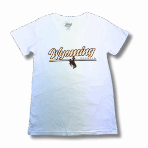white short sleeve t-shirt with center chest design. Design is a brown and gold outlined wyoming script with two lines below. Above top line is cowboys left centered and centered on the lines is a bucking horse