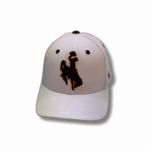 white flex fit hat with brown eyelets and brown embroidered bucking horse outlined in gold in front center of hat