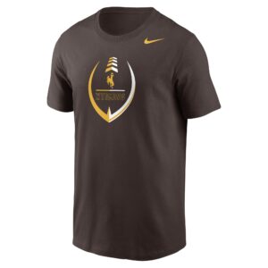 brown nike tee shirt with design center chest. design is a outline of a football with gold bucking horse and gold outlined wyoming letters centered in football