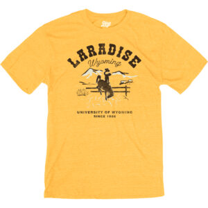 gold short sleeve tee with laradise in large brown text at top near collar, wyoming under in script, rope. mountain scene with bucking horse in center