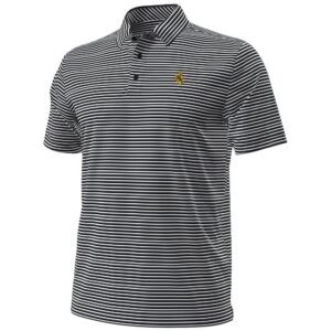 silver and black polo with horizontal stripes from top to bottom. bucking horse logo on left chest with a two button design to collar
