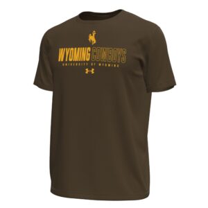 Brown tee with gold bucking horse and "Wyoming Cowboys" chest print, "University of Wyoming" and UA logo stacked beneath.