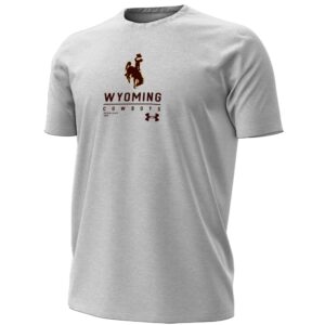 grey tee shirt with design center chest. design is brown and is bucking horse wyoming like cowboys with under armor logo