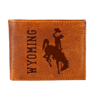 brown leather bifold wallet with brown sideways wyoming design embossed left-centered and a brown bucking horse design embossed right-centered