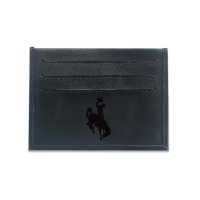 black leather slim card holder with RFID blocking, simple embossed bucking horse below three card slots