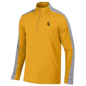 gold quarter zip with grey lining on sleeves and grey zipper. has brown bucking horse left chest and white champion logo on left wrist
