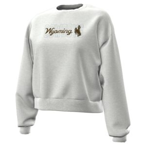 grey under armour women's crew with design on front. design is brown script wyoming with bucking horse left centered
