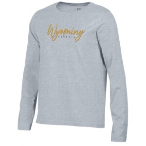 grey womens long sleeve tee shirt with design center chest. design is gold script wyoming with small cowboys in brown below