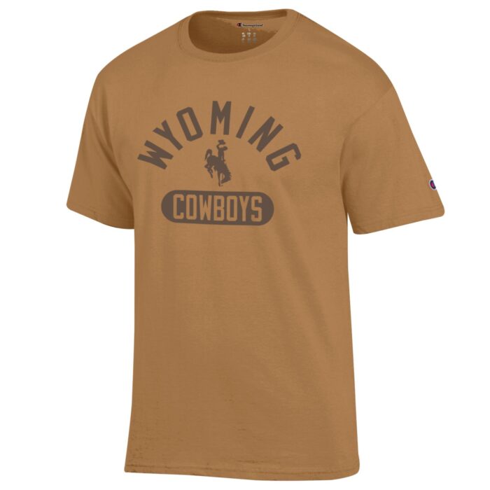 briefly brown tee shirt with brown design center chest. design is arched wyoming bucking horse cowboys
