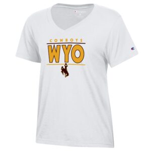 white women's v-neck tee with design center chest. design is small gold cowboys lettering above brown line above big WYO lettering and gold line below with brown bucking horse at the bottom