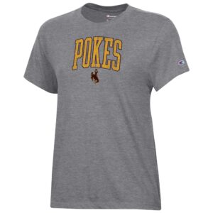 grey short sleeve tee with gold design center chest. design is POKES in gold with brown outline and a small brown bucking horse below