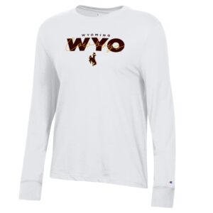white women's long sleeve tee shirt with design center chest in brown. small wyoming lettering on top of big WYO letters with gold cowboys script and a brown bucking horse below