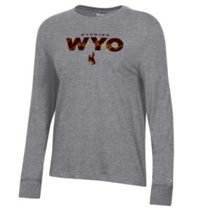 grey women's long sleeve tee shirt with design center chest in brown. small wyoming lettering on top of big WYO letters with gold cowboys script and a brown bucking horse below