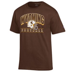 brown champion short sleeve tee with gold and white design center chest. design is outlined wyoming lettering with white football helmet below and small football lettering below that
