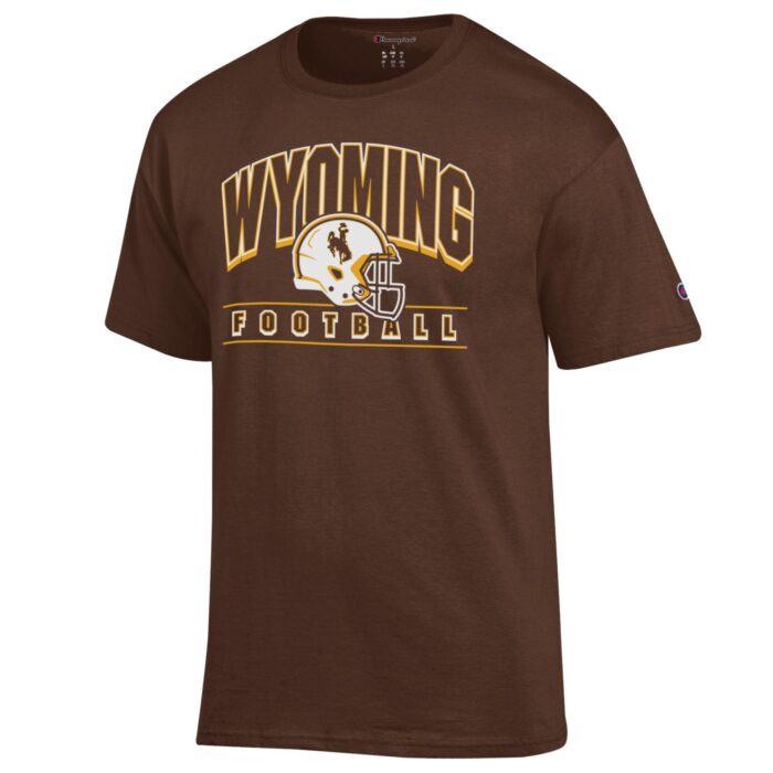 brown champion short sleeve tee with gold and white design center chest. design is outlined wyoming lettering with white football helmet below and small football lettering below that