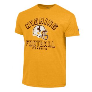gold champion tee with brown outlined wyoming lettering with white helmet centered and outlined football letering below with small cowboys below that. all centered on chest