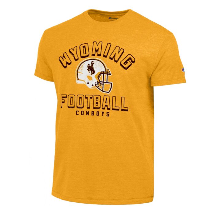 gold champion tee with brown outlined wyoming lettering with white helmet centered and outlined football letering below with small cowboys below that. all centered on chest
