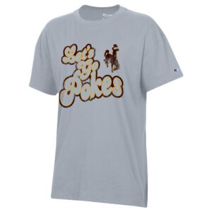 grey champion tee shirt with brown and gold outlined design center chest. design is bubble lettered lets go pokes with brown bucking horse left centered