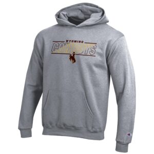 grey champion sweatshirt with design center chest. design is big outlined cowboys lettering in brown and gold with small brown wyoming lettering above and brown bucking horse below