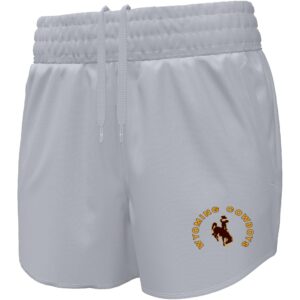 white womens shorts with drawstring waistband and logo left thigh. logo is gold wyoming cowboy arched above brown bucking horse