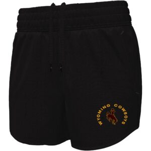 black womens shorts with drawstring waistband and logo left thigh. logo is gold wyoming cowboy arched above brown bucking horse