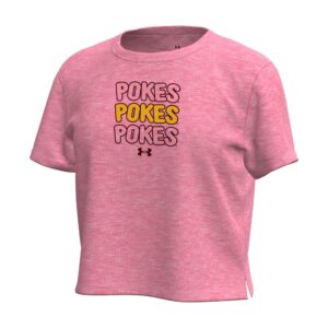girls pink short sleeve tee with brown outlined pokes repeated three times on center chest. middle pokes is gold fill and there is a brown under armour logo below design