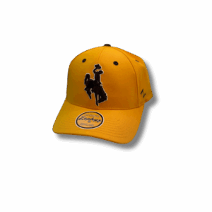 front of gold adjustable hat with brown eyelets and brown embroidered bucking horse outlined in white in front center of hat
