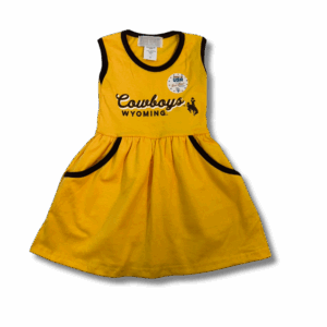 gold toddler dress with brown ribbed trim around neck, sleeves and pockets. design is center chest with brown cowboys script and wyoming lettering below and brown bucking horse on left