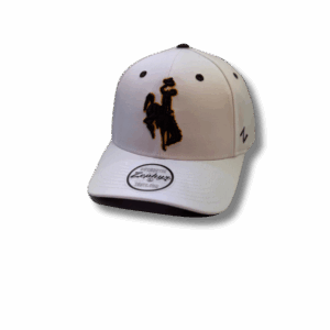 front of white adjustable hat with brown eyelets and brown embroidered bucking horse outlined in gold in front center of hat