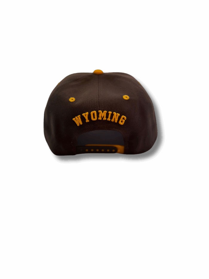 back of flat bill hat is brown with gold stitched arch wyoming above hole and gold and brown snapback.