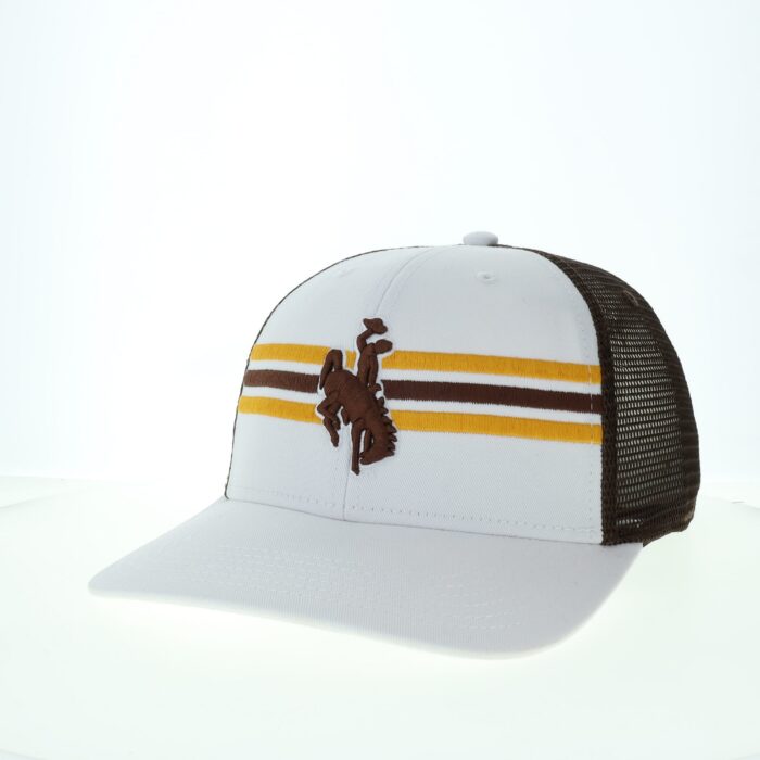 white front panel and bill with brown mesh back structured hat. has gold brown gold stripe on front panel with brown embroidered bucking horse brought to front