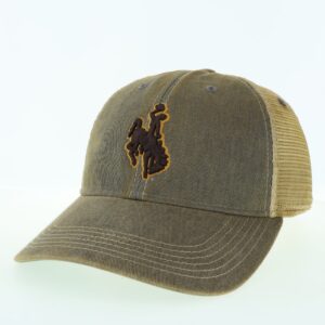 washed grey adjustable, unstructured hat with tan mesh back that has stitched bucking horse patch on the front