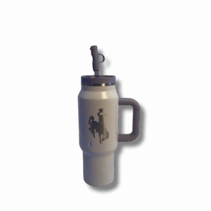 lilac colored 40oz straw lid tumbler. has etched bucking horse on one side