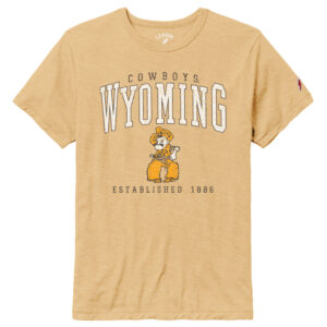 gold tee shirt with design center chest. design is small cowboys in brown with big wyoming in white and gold pistol pete below with established 1886 in brown below that