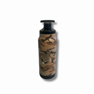 34-ounce bottle, with black lid and black rubber base. Bottle is camo, with the bucking horse etched on front.