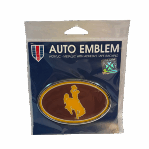 oval auto emblem with brown fill gold outline and a gold bucking horse in the middle