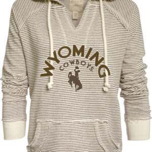 cream and brown striped hooded sweatshirt with design center chest. design is arched brown wyoming cowboys with brown bucking horse below