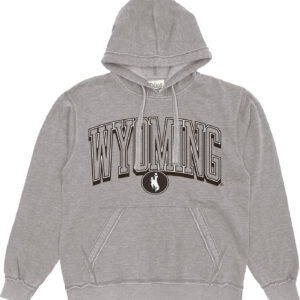 grey womens hooded sweatshirt with design center chest. design is block wyoming with shadow and bucking horse centered below